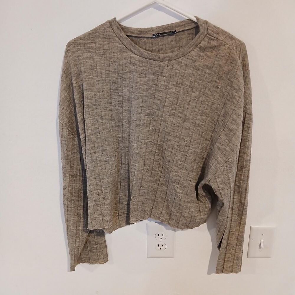 Zara Women's Brown and Tan Crop Long Sleeve Shirt Size M